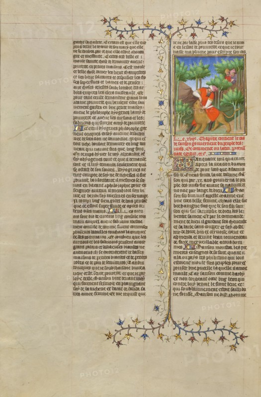 Samson and the Lion; Des cas des nobles hommes et femmes, about 1413-1415. Creators: Boucicaut Master, Workshop of the Boucicaut Master.