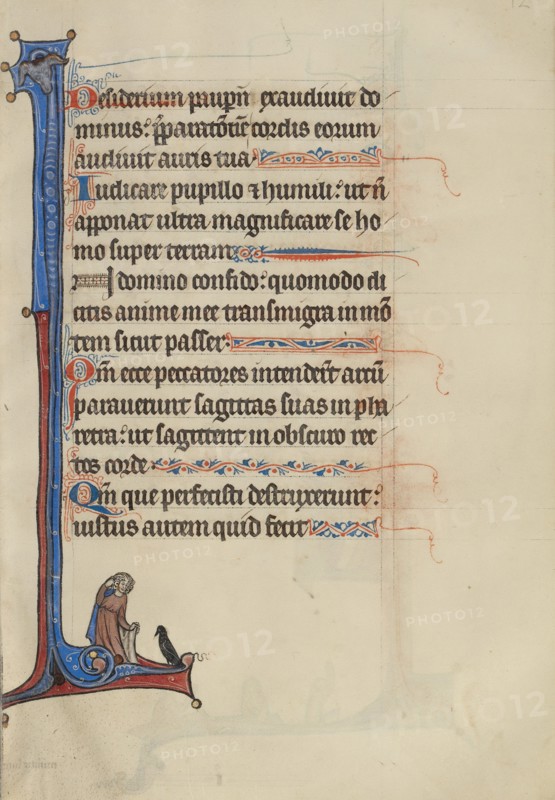 Initial I: A Man Looking at a Sparrow; Bute Psalter, text and illumination about 1285. Creator: Bute Master.