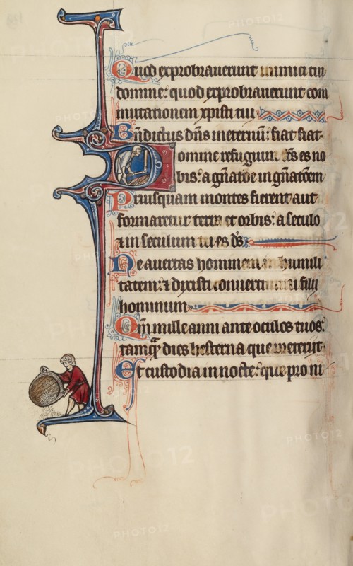 Initial D: A Man Threshing Wheat with a Flail; Bute Psalter, text and illumination about 1285. Creator: Bute Master.