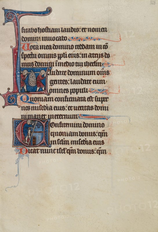 Initial L: Two Spies Carrying Grapes: Initial C: Man Scaling a Ladder; Bute Psalter, about 1285. Creator: Bute Master.