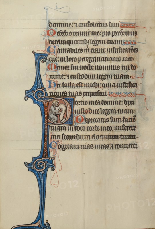Initial P: A Prophet Holding a Scroll; Bute Psalter, text and illumination about 1285. Creator: Bute Master.