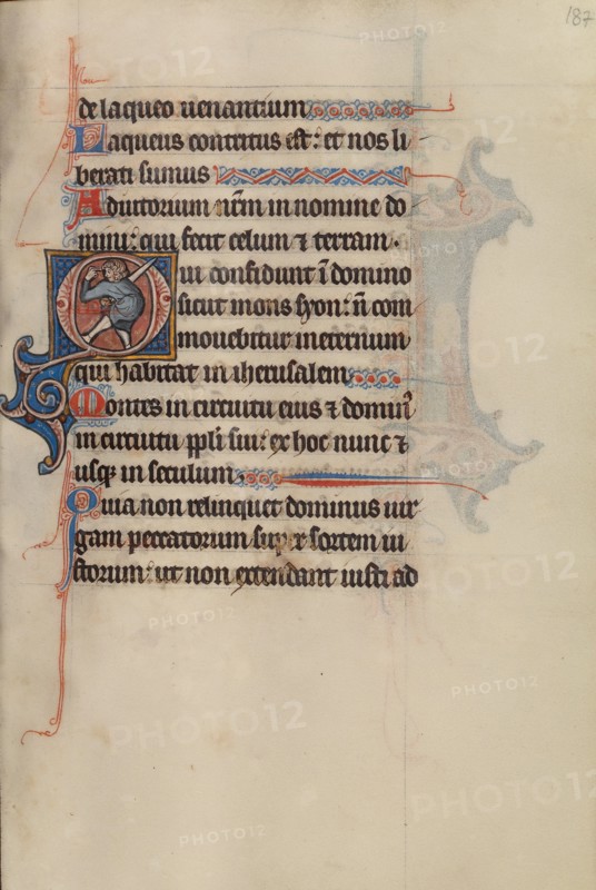 Initial O: A Man Holding a Sword and Pointing to His Eyes; Bute Psalter, about 1285. Creator: Bute Master.