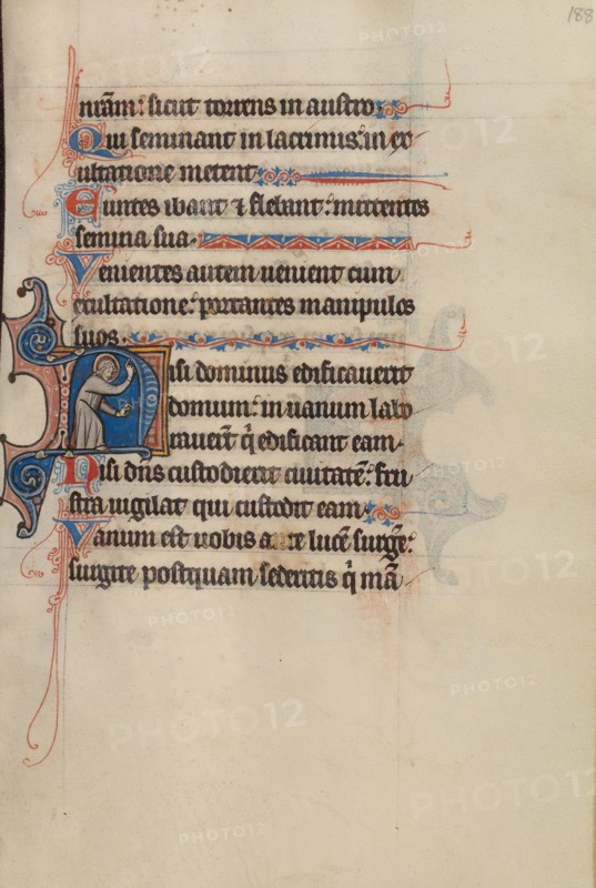 Initial N: A Saint Pointing to Heaven and to the Text; Bute Psalter, about 1285. Creator: Bute Master.