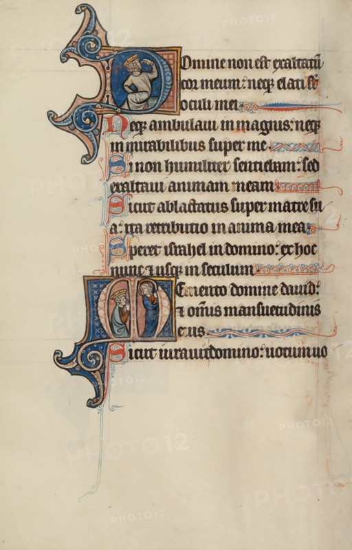 Initial D: A Seated King Pointing to His Eyes: Initial M: David Kneeling Before Christ, about 1285. Creator: Bute Master.