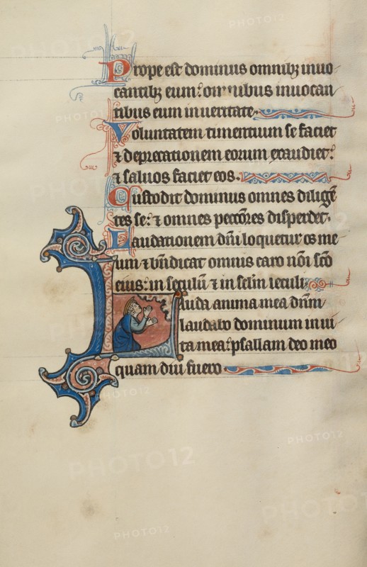 Initial L: A Kneeling King Raising His Hands to Heaven; Bute Psalter, about 1285. Creator: Bute Master.