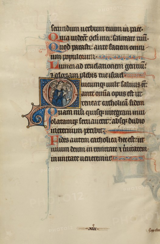 Initial O: A Bishop and Monks Instructing Laymen; Bute Psalter, text and illumination about 1285. Creator: Bute Master.