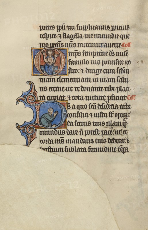 Initial O: Christ Enthroned with His Hands Raised: Initial D: A Semi-Prostrate..., about 1285. Creator: Bute Master.