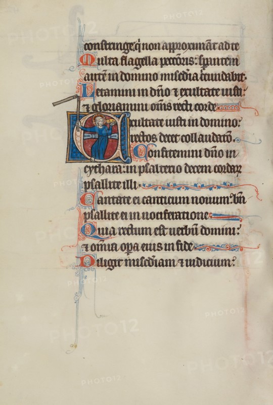 Initial E: Christ Holding a Crown and Flail; Bute Psalter, text and illumination about 1285. Creator: Bute Master.