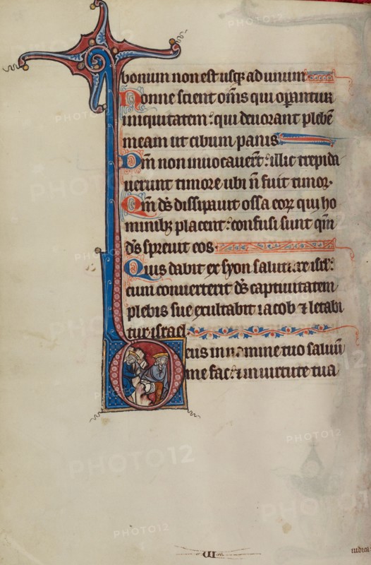 Initial D: David Cutting Saul's Tunic; Bute Psalter, text and illumination about 1285. Creator: Bute Master.