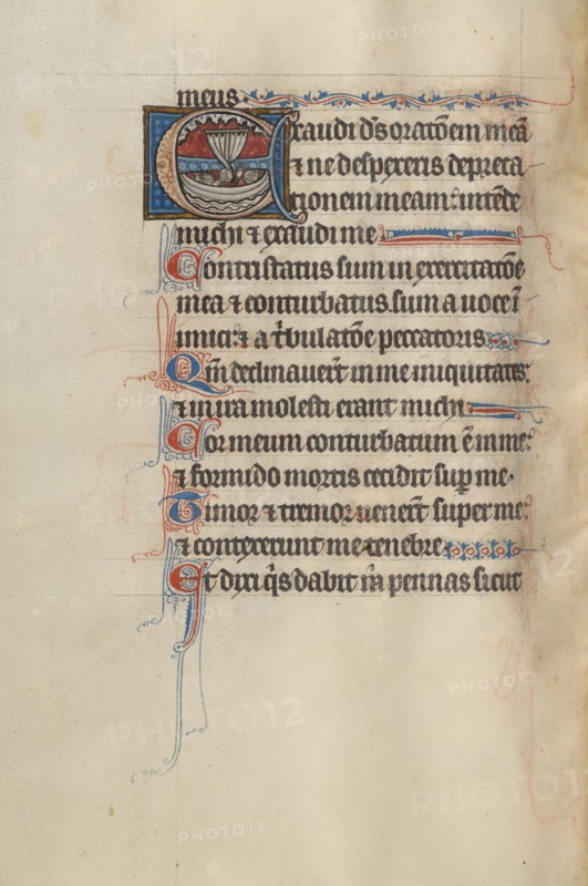Initial E: Passengers in a Boat Crying Out to God for Mercy; Bute Psalter, about 1285. Creator: Bute Master.