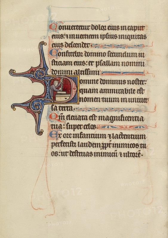 Initial D: Man Working at a Winepress; Bute Psalter, text and illumination about 1285. Creator: Bute Master.