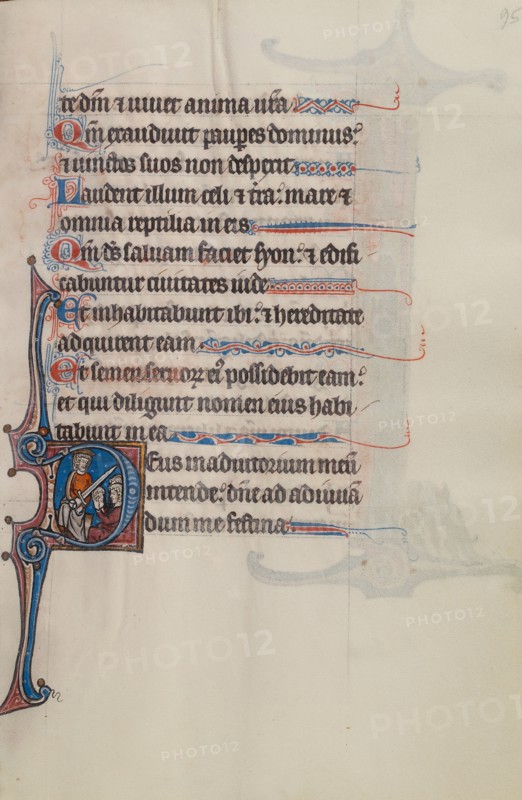 Initial D: Rechab and Baanah Bringing Ishbosheth's Head to David; Bute Psalter, about 1285. Creator: Bute Master.