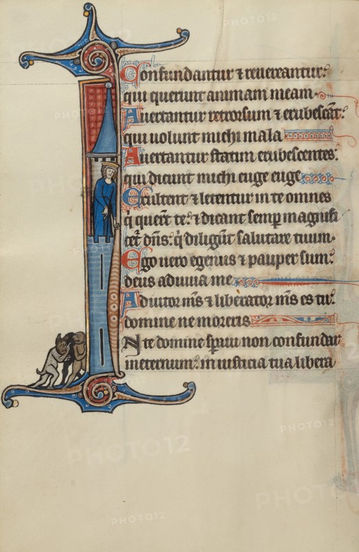 Initial I: David atop a Tower Pointing to Three Demons Below; Bute Psalter, about 1285. Creator: Bute Master.