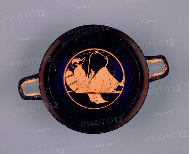Attic Red-Figure Cup; Wine Cup with a Singing Reveler; Paleothodoros, Dimitris..., about 510 B. C. Creator: Epiktetos.