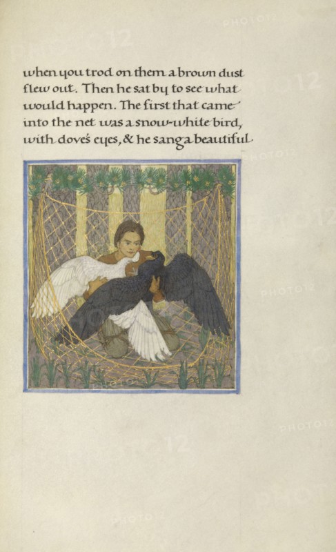 A Hunter with Two Birds in a Net; Story of a Hunter, 1908. Creator: Florence Kingsford Cockerell.