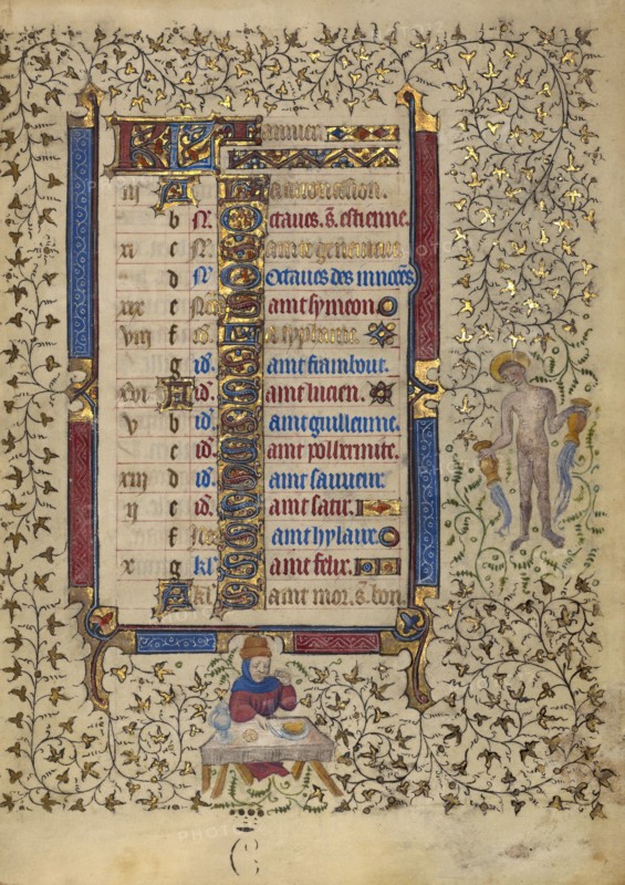 Calendar Page for January: Feasting: Aquarius; Book of Hours, about 1410. Creator: Unknown.