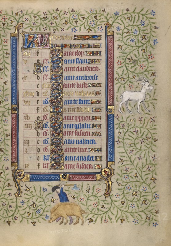 Calendar Page for December: Slaughtering Pigs: Capricorn; Book of Hours, about 1410. Creator: Unknown.