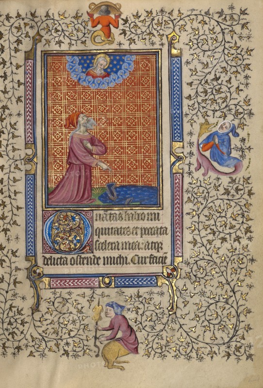 Job Pointing to a Cloak on the Ground; Book of Hours, about 1410. Creator: Unknown.