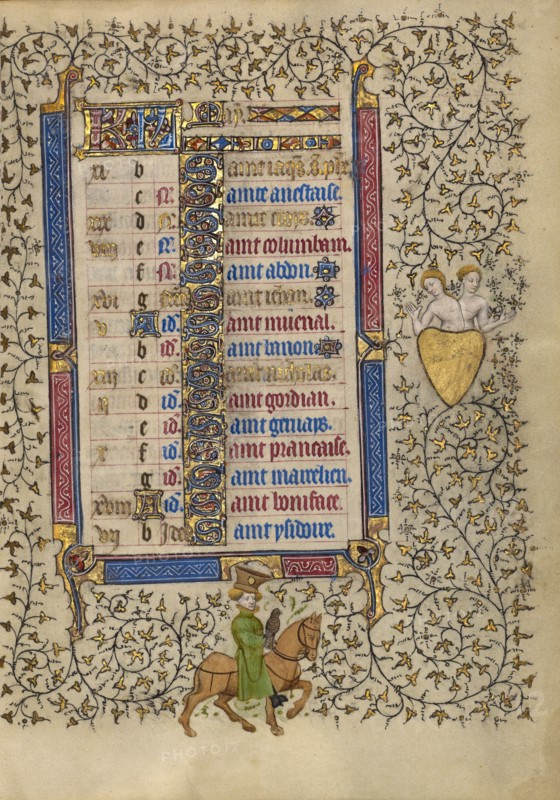 Calendar Page for May: Hawking: Gemini; Book of Hours, about 1410. Creator: Unknown.