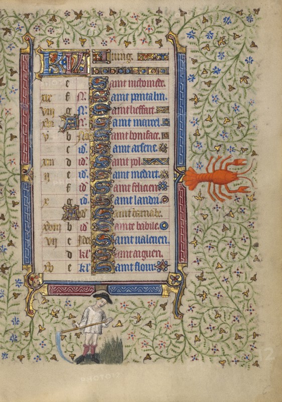 Calendar Page for June: Mowing: Cancer; Book of Hours, about 1410. Creator: Unknown.