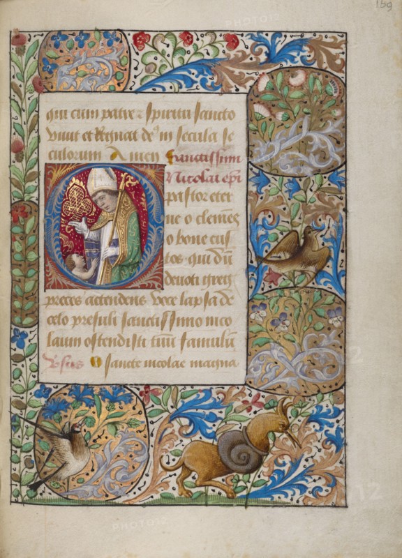 Initial O: Saint Nicholas Blessing a Child; Book of Hours, about 1480-1490. Creator: Georges Trubert.