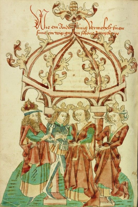 The Marriage of a Prince and Young Woman; Barlaam und Josaphat, 1469. Creators: Hans Schilling, Diebolt Lauber.