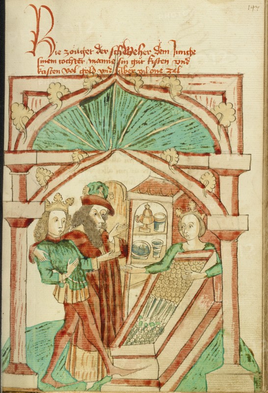 The King Showing his Son-in-Law a Chest of Silver and Gold; Barlaam und Josaphat, 1469. Creators: Hans Schilling, Diebolt Lauber.