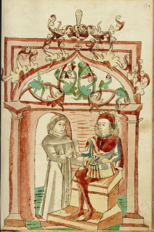 Josaphat Enthroned Speaking to Barlaam Dressed as a Monk; Barlaam und Josaphat, 1469. Creators: Hans Schilling, Diebolt Lauber.