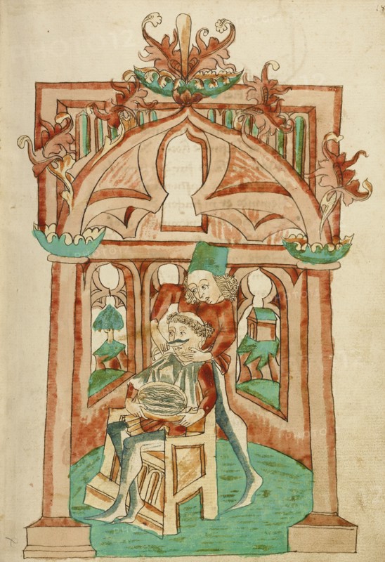 The Hermit Being Shaved; Barlaam und Josaphat, 1469. Creators: Hans Schilling, Diebolt Lauber.
