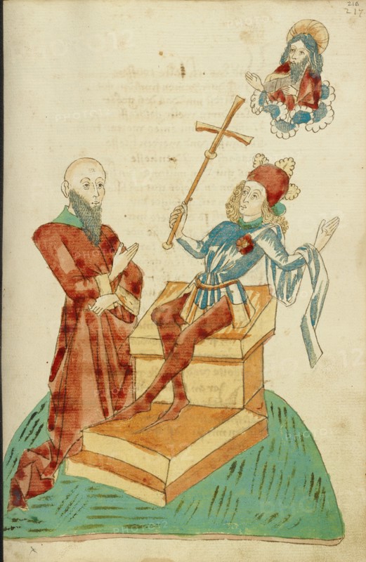 A Pagan Scholar before Josaphat, who Gestures to God the Father in Heaven, 1469. Creators: Hans Schilling, Diebolt Lauber.