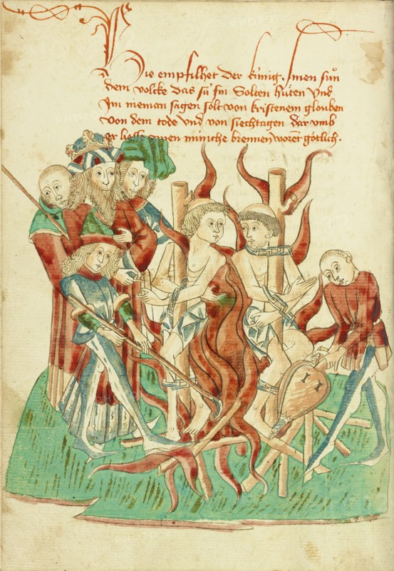 King Avenir Ordering the Burning of Two Monks in the Presence of his Son Josaphat, 1469. Creators: Hans Schilling, Diebolt Lauber.