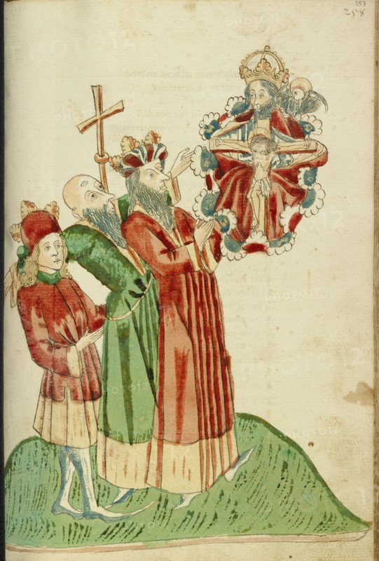 King Avenir, Josaphat, and Nachor Behold the Throne of Grace in Heaven; Barlaam und Josaphat, 1469. Creators: Hans Schilling, Diebolt Lauber.
