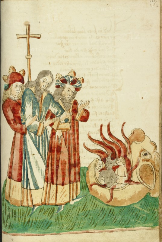 King Avenir, Josaphat and Nachor Behold the Hell Mouth; Barlaam und Josaphat, 1469. Creators: Hans Schilling, Diebolt Lauber.