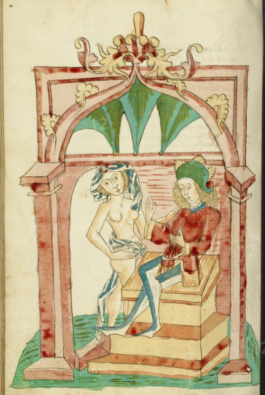 Josaphat Enthroned Tempted by a Naked Woman; Barlaam und Josaphat, 1469. Creators: Hans Schilling, Diebolt Lauber.