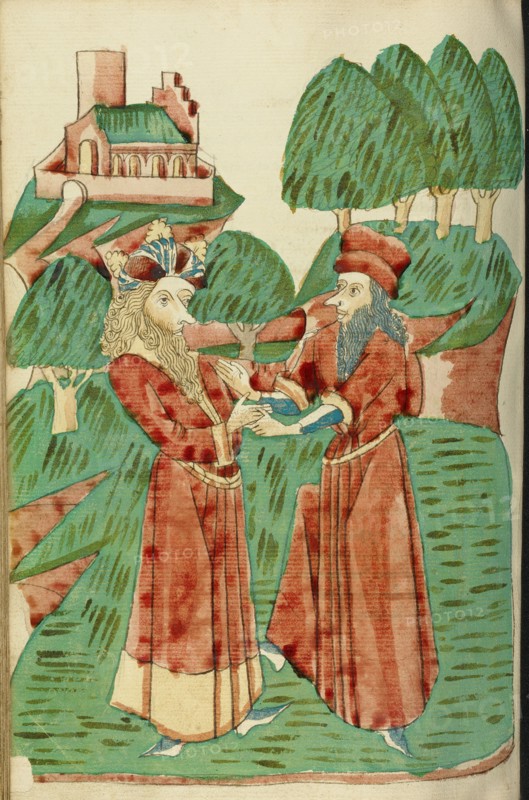 King Avenir Receives Advice from Theodas; Barlaam und Josaphat, 1469. Creators: Hans Schilling, Diebolt Lauber.