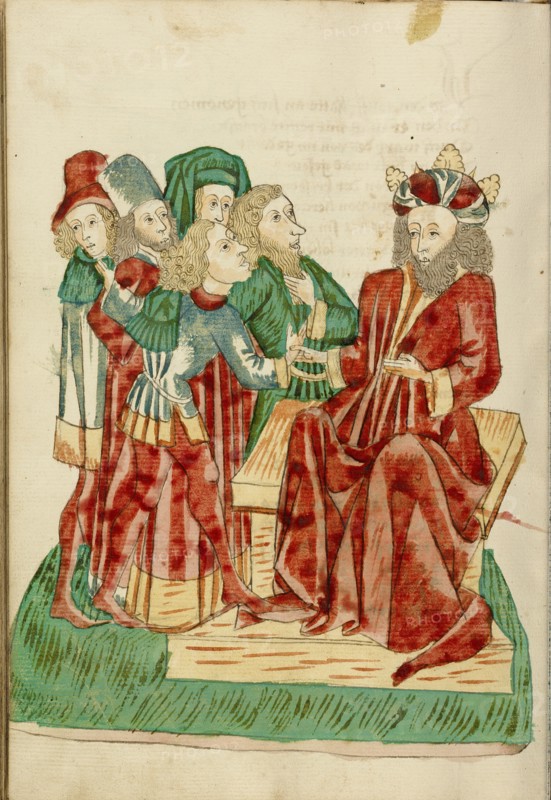 King Avenir Converses with his Courtiers; Barlaam und Josaphat, 1469. Creators: Hans Schilling, Diebolt Lauber.