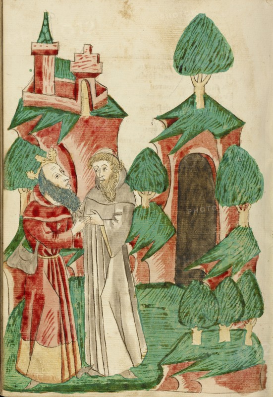 The Aged Josaphat Meets Barlaam; Barlaam und Josaphat, 1469. Creators: Hans Schilling, Diebolt Lauber.
