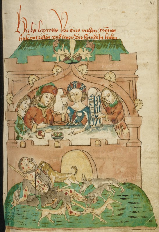 The Banquet of the Rich Man with Lazarus Outside Attacked by Dogs; Barlaam und Josaphat, 1469. Creators: Hans Schilling, Diebolt Lauber.