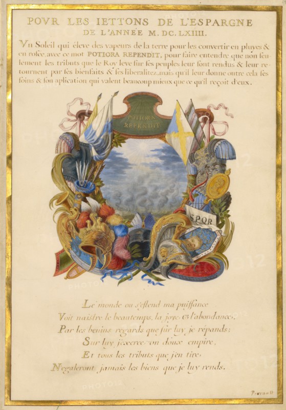 Escutcheon with a Landscape; Nine Emblems for Louis XIV, about 1663-1668. Creator: Jacques Bailly.