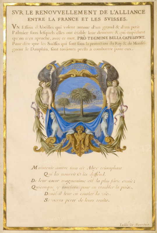 Escutcheon with a Landscape; Three Emblems for Louis XIV, about 1663-1668. Creator: Jacques Bailly.