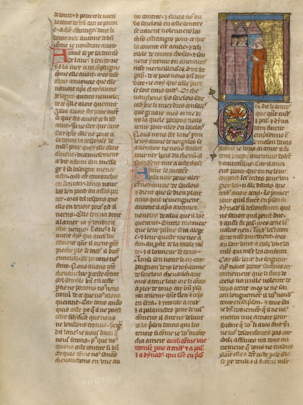 A Demoiselle Speaking to Tristan, Palamedes, and Dynadan in Prison, about 1320-1340. Creator: Jeanne de Montbaston.