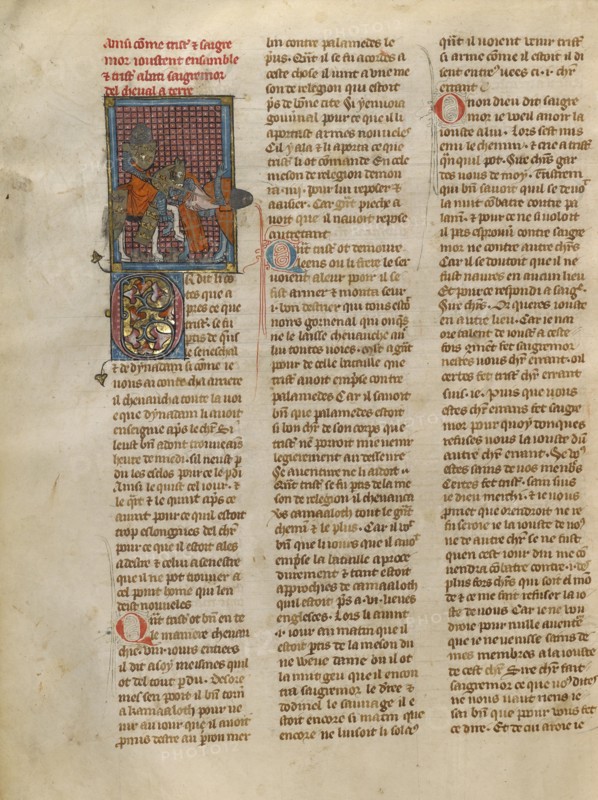 Tristan Unhorsing Sagremor, about 1320-1340. Creator: Jeanne de Montbaston.