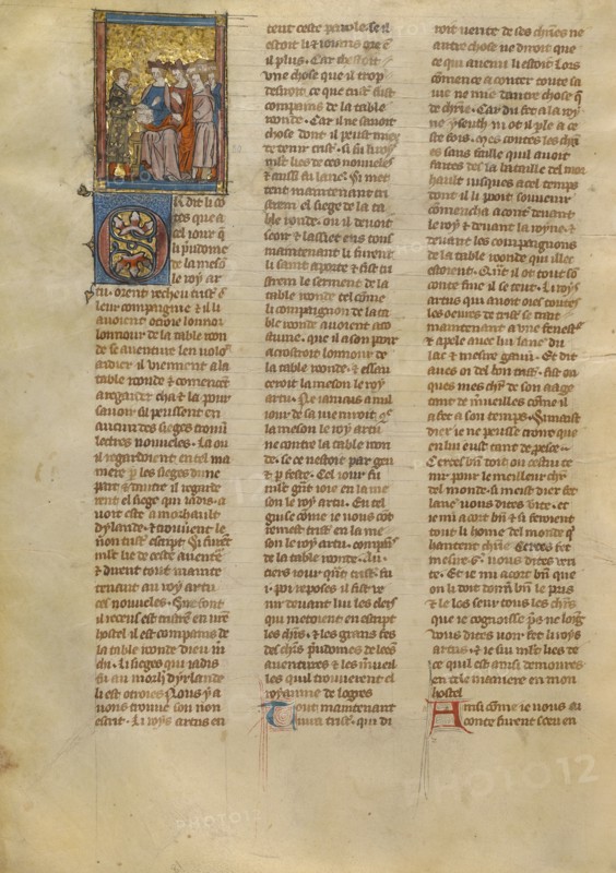 Tristan Speaking to King Arthur, Queen Genevieve, and Knights, about 1320-1340. Creator: Jeanne de Montbaston.