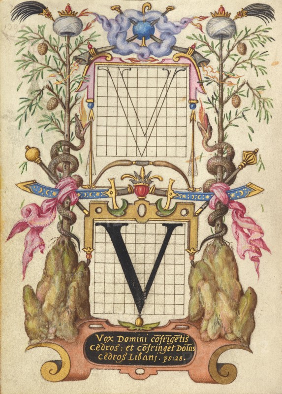 Guide for Constructing the Letter V; Mira calligraphiae monumenta, about 1591-1596. Creator: Joris Hoefnagel.