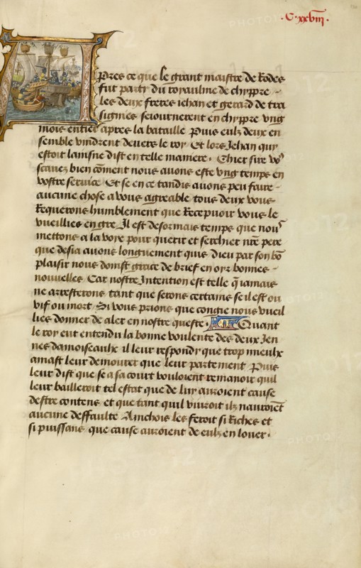 Intiial A: Gillion's Sons Attacked by Pirates; Roman de Gillion de Trazegnies, 1464. Creators: Lieven van Lathem, David Aubert.