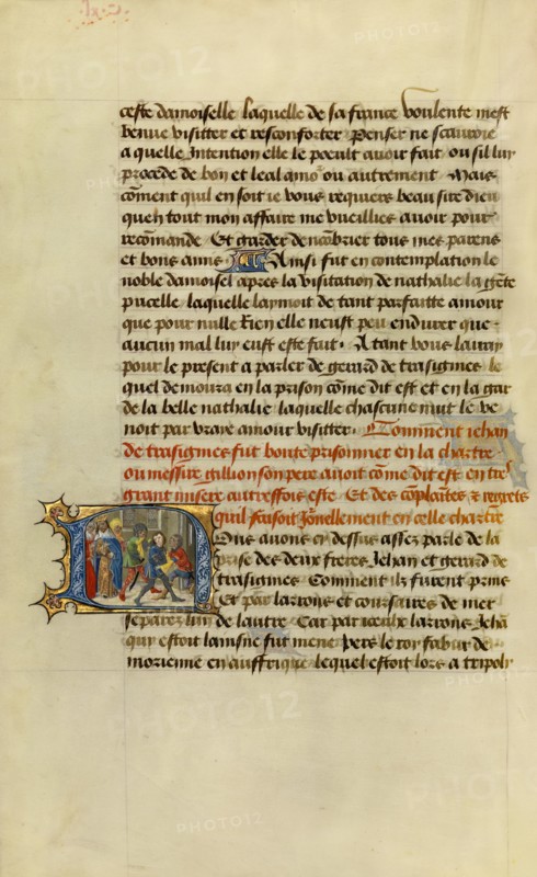 Initial N: Soldiers Dragging Gillion's Son Jean to Prison; Roman de Gillion de Trazegnies, 1464. Creators: Lieven van Lathem, David Aubert.