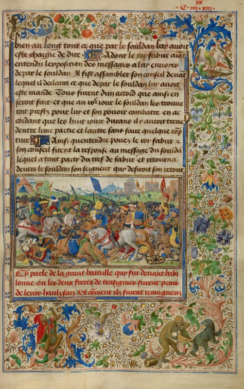 Gillion Defeating King Fabur during the Siege of Cairo; Roman de Gillion de Trazegnies, 1464. Creators: Lieven van Lathem, David Aubert.