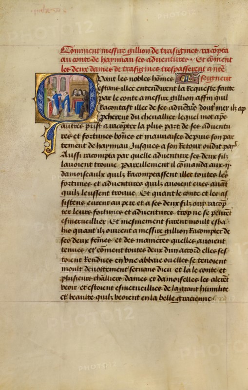 Initial Q: Gillion's Wives Marie and Gracienne during Mass at the Abbey of Olive, 1464. Creators: Lieven van Lathem, David Aubert.