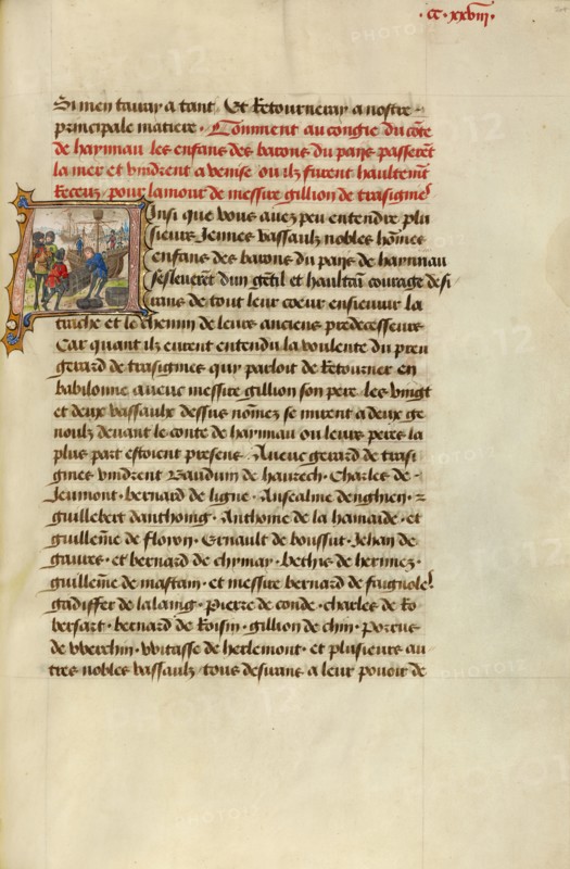 Initial A: Gillion and His Son Gerard Preparing to Set Sail for the East, 1464. Creators: Lieven van Lathem, David Aubert.