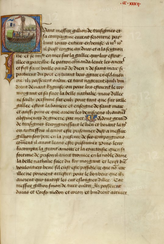 Initial Q: Gillion and His Son Gerard Passing Dubrovnik; Roman de Gillion de Trazegnies, 1464. Creators: Lieven van Lathem, David Aubert.